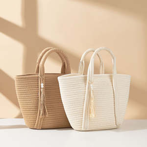 Sac à main décontracté pour femme en corde de coton de grande capacité, respectueux de l'environnement, avec pompon, sac de plage - Product Image 6