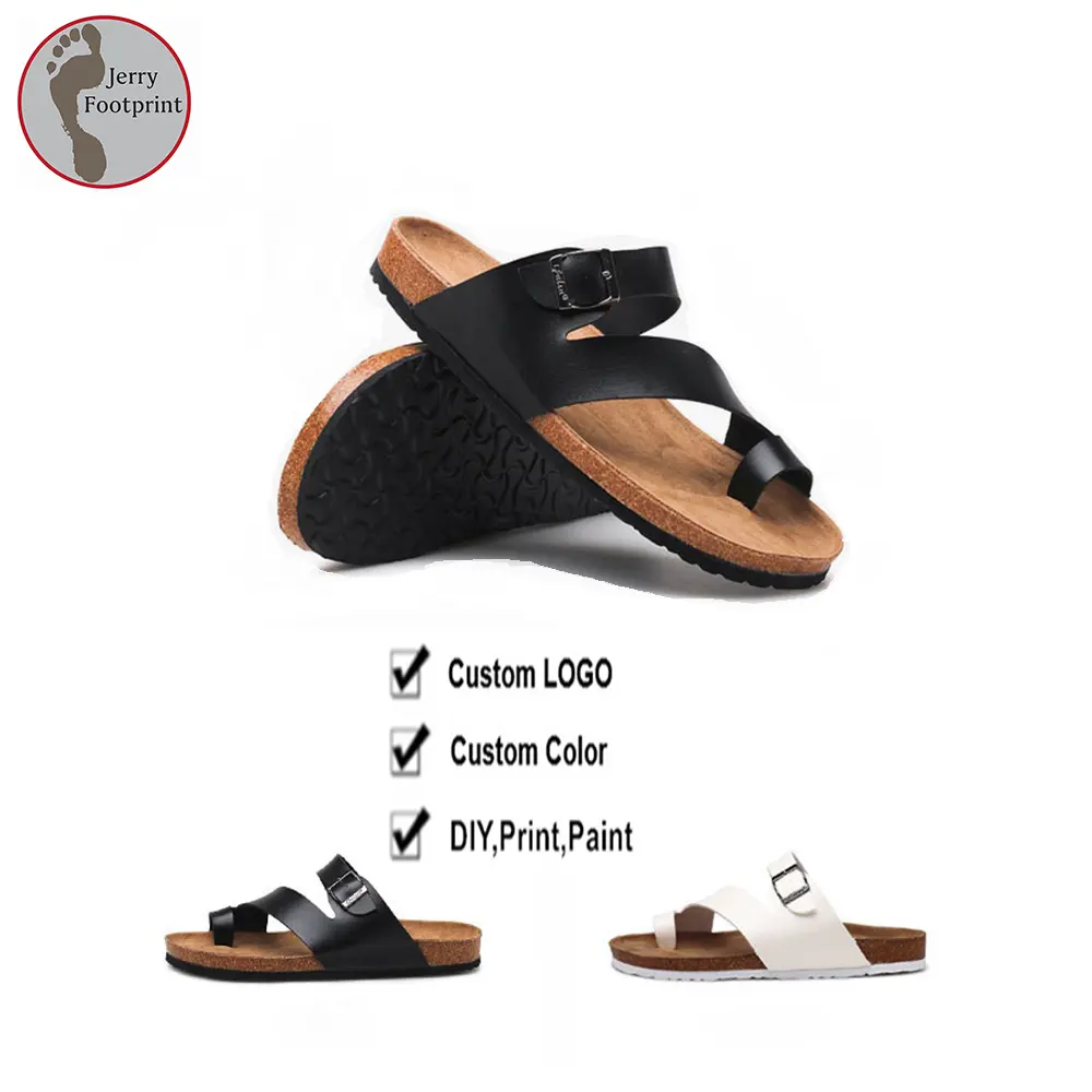CUSTOM 35-46 Men Comfrortabler Women Slippers Cork Sole Foot bed Sandals And Pu Leather For Men