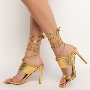 Sandales d'été 2022 personnalisées en cuir serpent doré à lanières, chaussures à talons fins pour femme à bout carré et brides croisées, taille 43 - Product Image 5