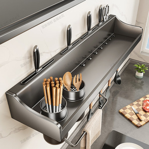 Wall Mounted Knife Rack With Chopstick Holder Punch Free Polished Stainless Steel Kitchen Storage Organizer For Utensils And - Product Image 2