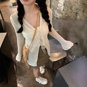 Maglione da donna bianco in mohair traforato, <span class=keywords><strong>elegante</strong></span>, con scollo a V, allacciatura all'americana, maniche lunghe, vestibilità ampia, colore estivo - Product Image 4