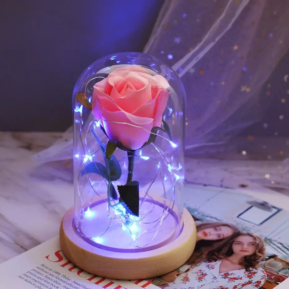 Hot Rose In Flask Beauty And The Beast Rose With Led Light In Glass Dome For Wedding Party Mother's Day Gift Christmas Gift