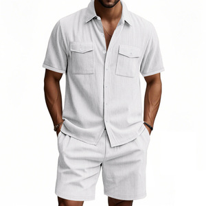 Sommer Herren Freizeit-Hemdset Atmungsaktives Cordhemd mit Doppelklappentaschen Kurzarm Knopfleiste und Shorts Zweiteiliges Set - Product Image 1