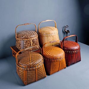 Handmade Bamboo Woven Food Box With Lid Round Natural Color 1-3L Traditional Lunch Basket Tea Storage Container - Product Image 3