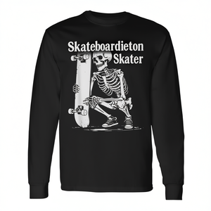 Camiseta de manga larga con diseño gráfico de esqueleto de skater, color negro, tema de skateboarding - Product Image 2