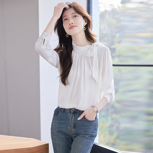 White Bow <b>Tie</b> Blouse Women Spring Summer Acetate Satin Solid Color Everyday Wear - Product Image 1