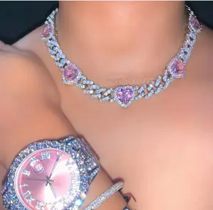 Buzlu Out Bling 11mm CZ Miami küba Link zinciri kalp kolye gümüş renk AAA CZ beyaz pembe kalpler gerdanlık kadın Hip Hop takı