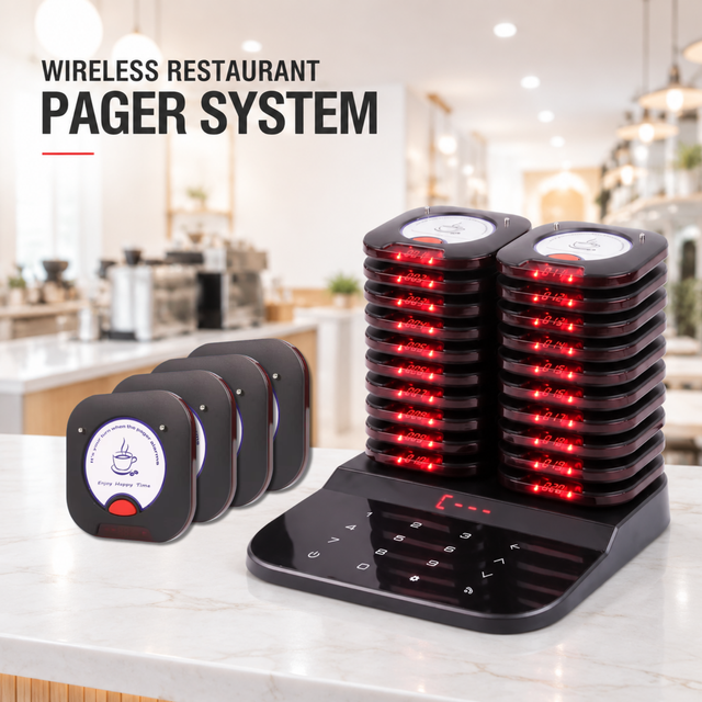 Wireless Restaurant Pager System 20 Pagers Long Range Guest Calling System Rechargeable Queue Buzzer for Restaurant Cafe