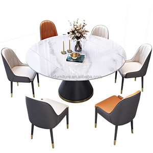 Table de salle à manger ronde de luxe en marbre, plateau rétractable en pierre frittée, base conique en métal, table de banquet moderne pour restaurant - Product Image 2