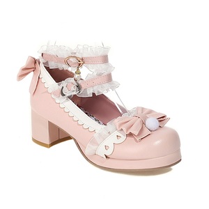 Zapatos de Tacón Cuadrado Estilo Lolita Kawaii, Zapatos de Princesa para Cosplay, Tacones Redondos con Lazo Delantero y Cordones en el Tobillo - Product Image 1