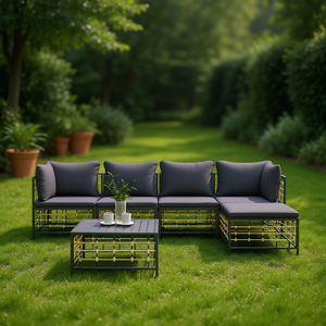 Ensemble de salon de jardin en polyrotin anthracite avec structure en acier thermolaqué, mobilier d'extérieur durable pour 6 personnes, style contemporain - Product Image 2