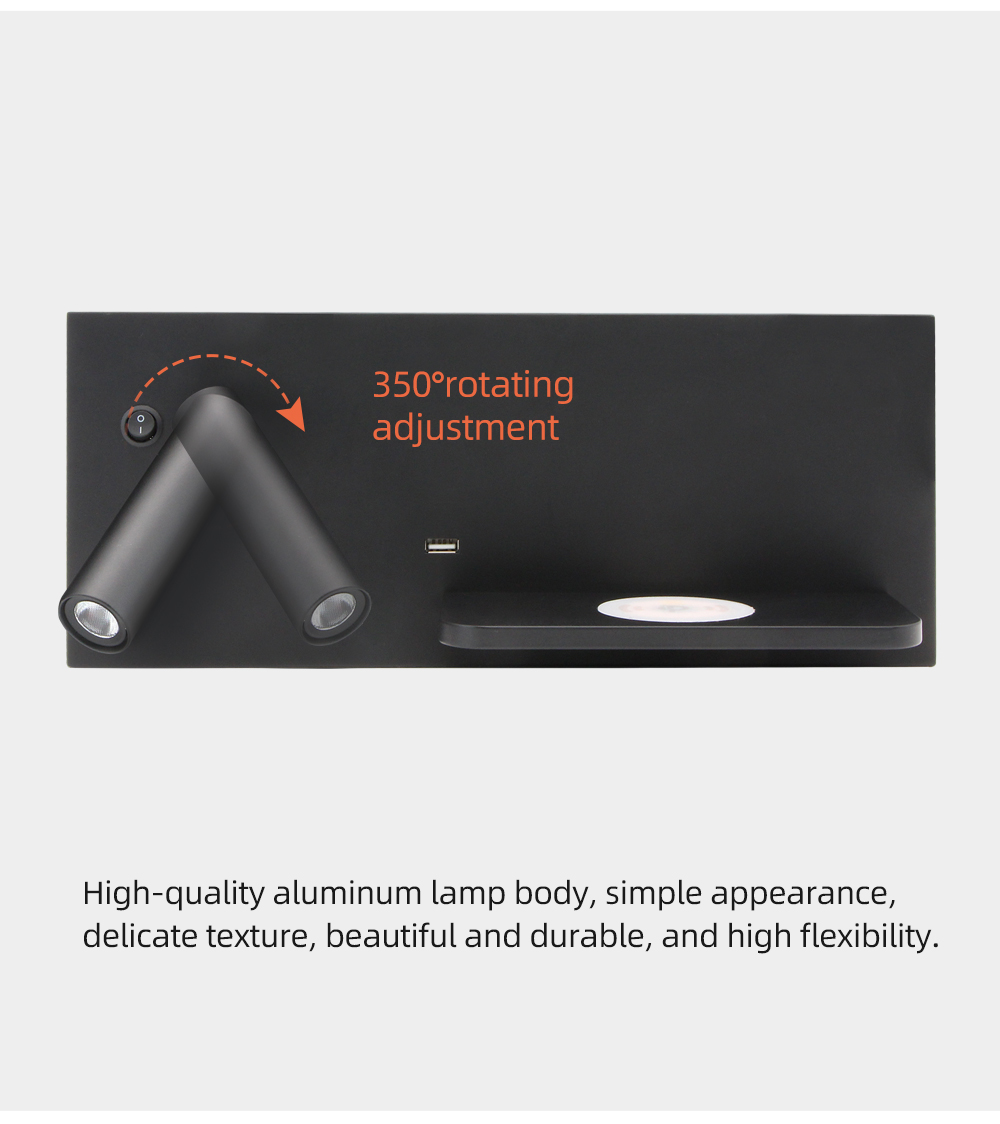 LED Wall Light Switch With Wireless USB Charging Wall Lamps Rotatable Spot Bedroom Bedside Backlit Reading Lamp