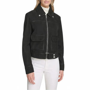 Veste Courte de Motard en Daim de Mouton Véritable de Luxe pour Femme, Coton Écologique Brut, Noir Jais, Style Moto Premium, Manteau en Cuir - Product Image 1