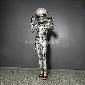 Richshining Unisexe Argent Miroir Réfléchissant Costume avec Miroir Circulaire Casque <span class=keywords><strong>Disco</strong></span> Paillettes Costumes de Scène pour Bar Party Show - Product Image 5