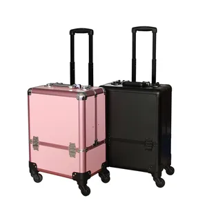 عربة حالة الجمال المتداول حقيبة نقل أدوات التجميل ماكياج الألومنيوم مع عجلات و 6 صواني
