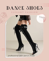 Bottes cuissardes à bout ouvert pour femme, à lacets, talon aiguille, en daim et cuir verni, avec boucle, pour pole dance