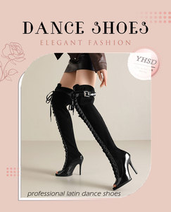 Botas altas hasta <span class=keywords><strong>el</strong></span> muslo con punta abierta para mujer, con cordones, tacón de aguja, de gamuza y charol, para pole dance, con hebilla - Product Image 3