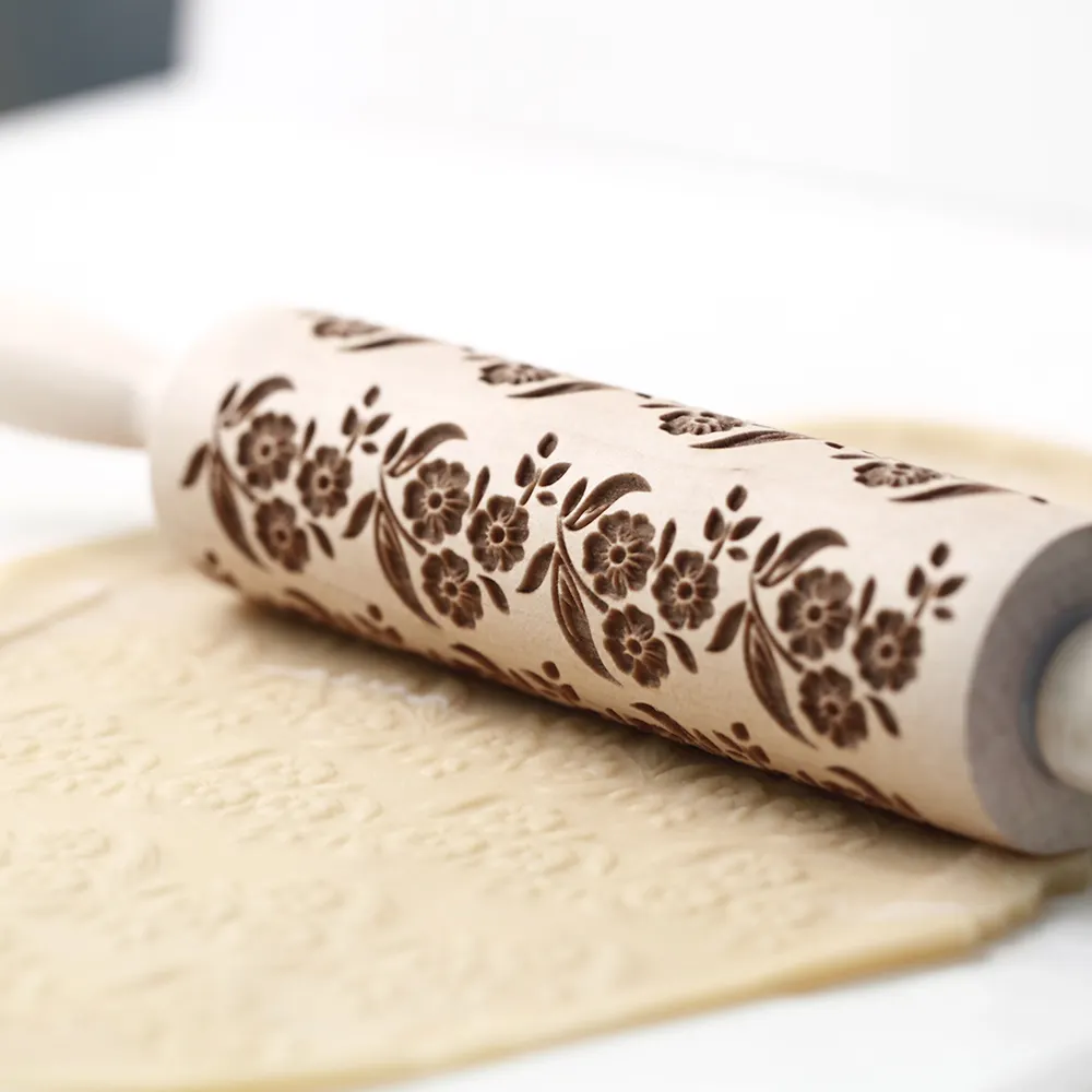 Arjmide 35X4.5Cm Kayu Berukir Bunga Timbul Cookie Rolling Pin untuk Memanggang 3D Plum Rolling Pins ZM007