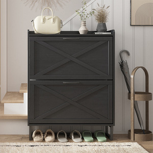 Nordic Style Double Layer <b>Shoe</b> Cabinet Black <b>Space</b> <b>Saving</b> <b>Storage</b> For Entryway And Living Room - Product Image 2