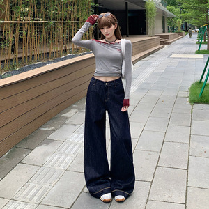 <span class=keywords><strong>Jeans</strong></span> da donna a <span class=keywords><strong>vita</strong></span> alta, blu scuro, a gamba larga, casual, tinta unita, traspiranti, ad asciugatura rapida, in denim primaverile, con design snellente, lavaggio medio - Product Image 2