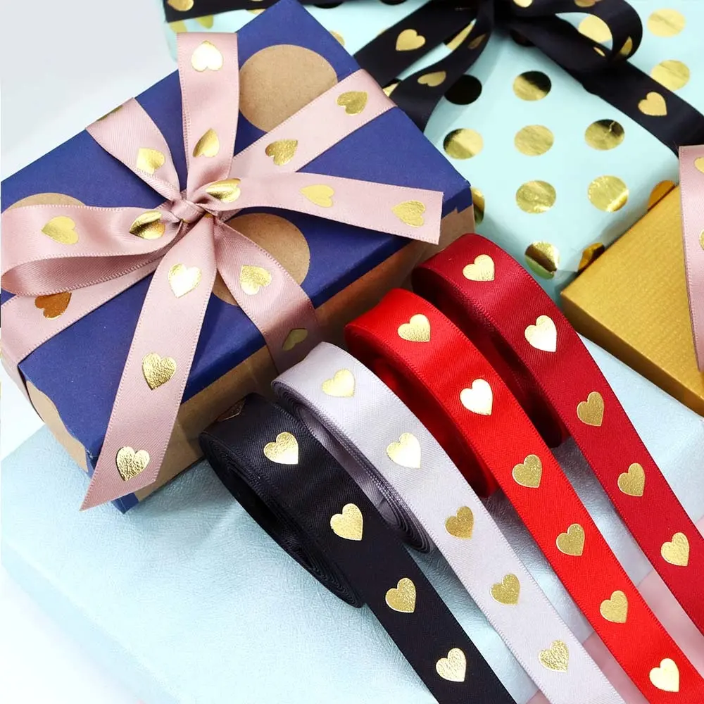10 Yards/Roll 16mm Bronzing Gold Heart Polyester Packaging Ribbon Gift Wrap Ribbons for Wedding Festive Birthday Party