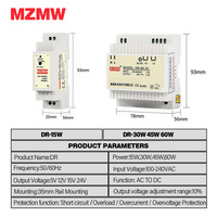 MZMW DR 15W 5V 3A 12V 1.25A 15V 1A 24V 0.63A Lumière LED et caméra de vidéosurveillance industrielle Smps Ac Dc Rail Alimentation à découpage