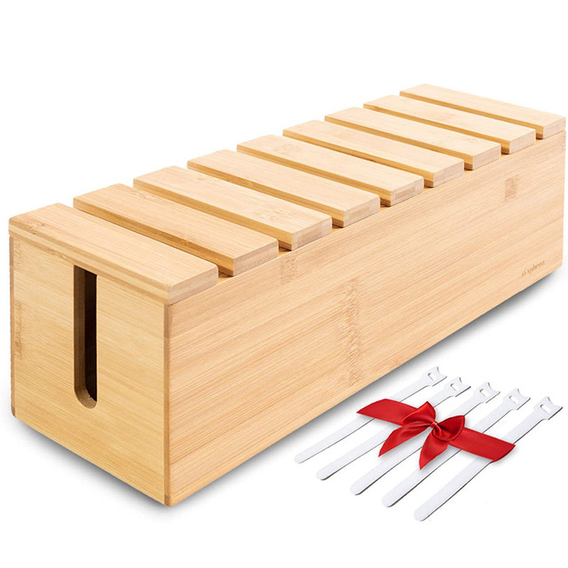 Bamboo Cable Management Box, Cord Organizer Box Large Cable Storage Holder Cord Hider for Desk, Power Strips Wire Box