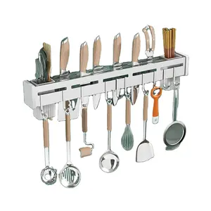 Wall-mounted cutlery set stainless steel storage rack with hook knife set rack kitchen wall rack home accessories kitchen tools