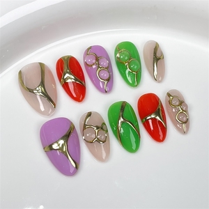 <span class=keywords><strong>Uñas</strong></span> Postizas Acrílicas <span class=keywords><strong>Cortas</strong></span> <span class=keywords><strong>de</strong></span> Alta Calidad, Hechas a Mano, con Bloques <span class=keywords><strong>de</strong></span> Color Neón, Pintadas a Mano, con Relieve 3D y Polvo Cromado, Venta al Por Mayor - Product Image 1