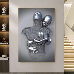 Abstract Metal Figure Statue Canvas Painting Modern Silver Lovers Posters and Prints Wall Art Picture for Living Room Home Decor