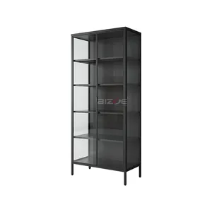 Glass door new design living room furniture wine bar display storage cabinet swing 2 door with 5 adjustable shelf