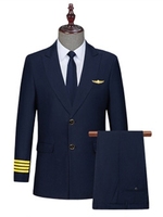 Costume d'uniforme de pilote d'avion pour homme Noir/Bleu Bandes dorées Manches longues Polyester + Viscose