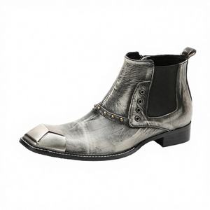 Men's Italian Chelsea <b>Boots</b> <b>Ankle</b> Zipper Genuine Leather Winter Footwear <b>Silver</b> PU Insole - Product Image 2