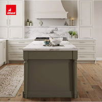 Alland Service Complet : Armoire de Cuisine et Garde-Manger Style Ferme en Stratifié Slim Shaker, Couleur Vert Sauge, avec Îlot en Marbre