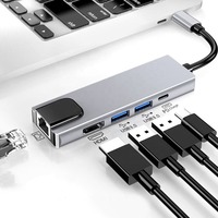 Station d'accueil 5-en-1 DX-7-Type-C avec carte réseau, hub USB 3.0, adaptateur d'affichage 4K - En stock