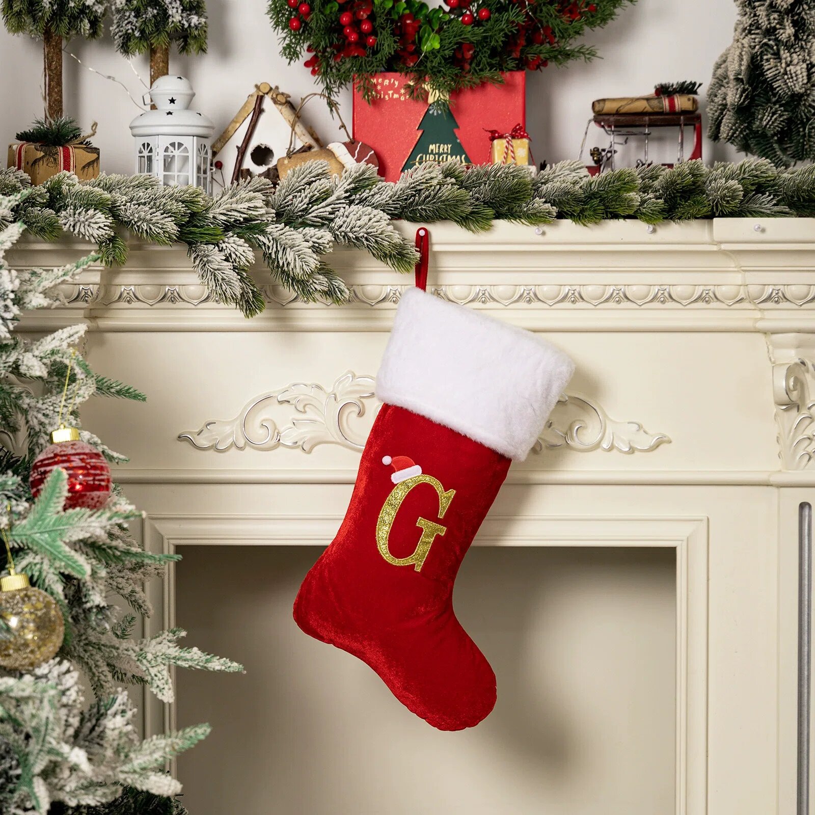 Gold velvet red christmas stocking letter g