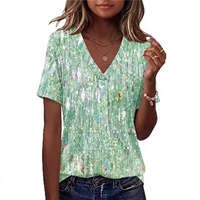 T-shirt imprimé à manches courtes et col en V pour femmes grandes tailles, motif abstrait vert, coupe classique, vêtements pour adultes
