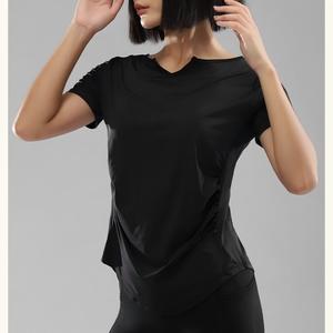 Women Mini V Neck Side <b>Ruched</b> Yoga T Shirt Quick Dry Lightweight Loose Fit Short Sleeve Workout Shirt Running Gym Athletic Tee - Product Image 3