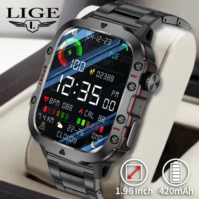 2024 Rugged Sport Smart Watch Outdoor Watch LP68 with Alarm Stop Watch Stainless Steel Band 3BAR Water Resistance for Android