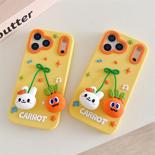 3D Cartoon Carrot Rabbit Silicone Phone case for iPhone 17 16 15 14 Pro Max Cute Pendant Chain Rubber Smile Music Soft Cover
