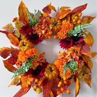 Guirnalda de Otoño con Calabazas, Bayas y Hortensias Artificiales, Decoración Realista Hecha a Mano para Puerta Principal, Acción de Gracias