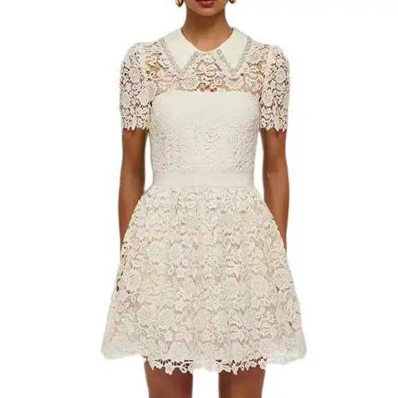 Summer Fashion Lace Dress Embroidered Dress Peter Pan Collar Pearls Beading Floral Luxury Formal Dresses