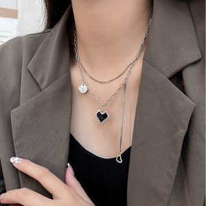 S925 Sterling Silver <b>Heart</b> Necklace <b>Black</b> Mosaic Design For Women Sweater Chain Gift Jewelry - Product Image 4