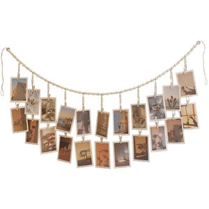 Perles rondes <span class=keywords><strong>en</strong></span> <span class=keywords><strong>bois</strong></span>, affichage de photos suspendu, corde de jute, perles de <span class=keywords><strong>bois</strong></span>, clip à glands, cadre photo, rangement, décoration murale - Product Image 1