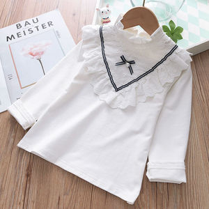 Camicia da bambina in puro cotone bianco con fondo per bambini colletto rialzato camicia da bambina media e grande a maniche lunghe bianca elasticizzata - Product Image 3