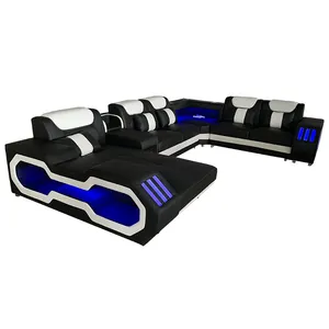 现代豪华智能LED真皮分段沙发椅套装沙发客厅家具功能性沙发