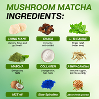 Capsules de matcha personnalisées avec étiquette, ashwagandha, collagène, poudre de matcha de qualité cérémonielle, matcha latte aux champignons