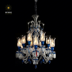Lustre en cristal moderne luxueux Premier France à 2 niveaux, fleurs bleues en verre, installation suspendue pour hôtel incluse - Product Image 1