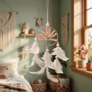 Attrape-rêves artisanal écologique avec de grandes perles et des plumes pour balcon, jardin, fête, mariage et décoration intérieure - Product Image 3