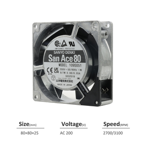 SANYO DENKI San Ace 109S051 80*80*25mm 200VAC 50Hz 0.06A 9W 2650RPM 22.3CFM Server and Telecom Equipment Axial Cooling <b>Fan</b> - Product Image 2